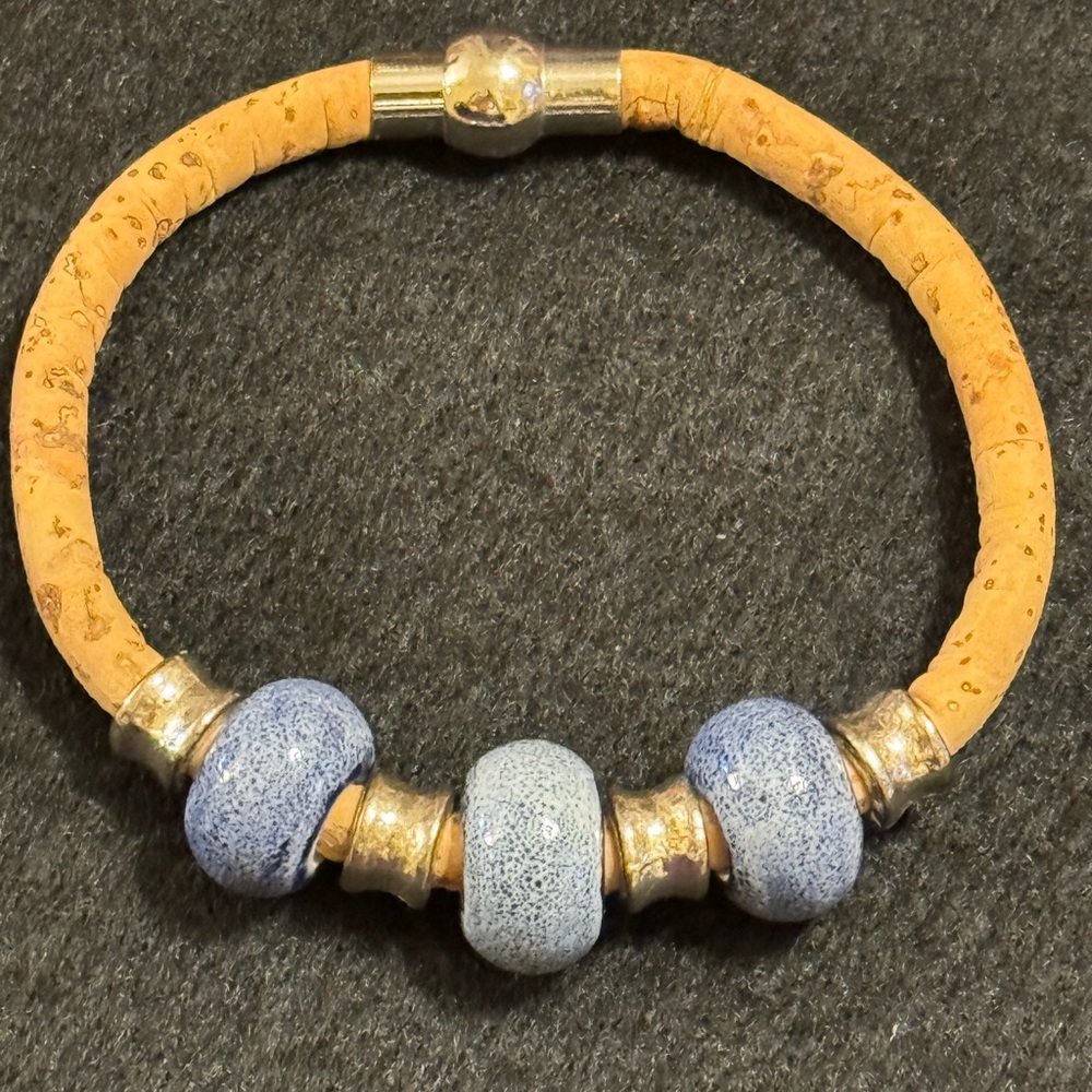 Silver  tone and blue beads on cork bracelet with magnetic  clasp